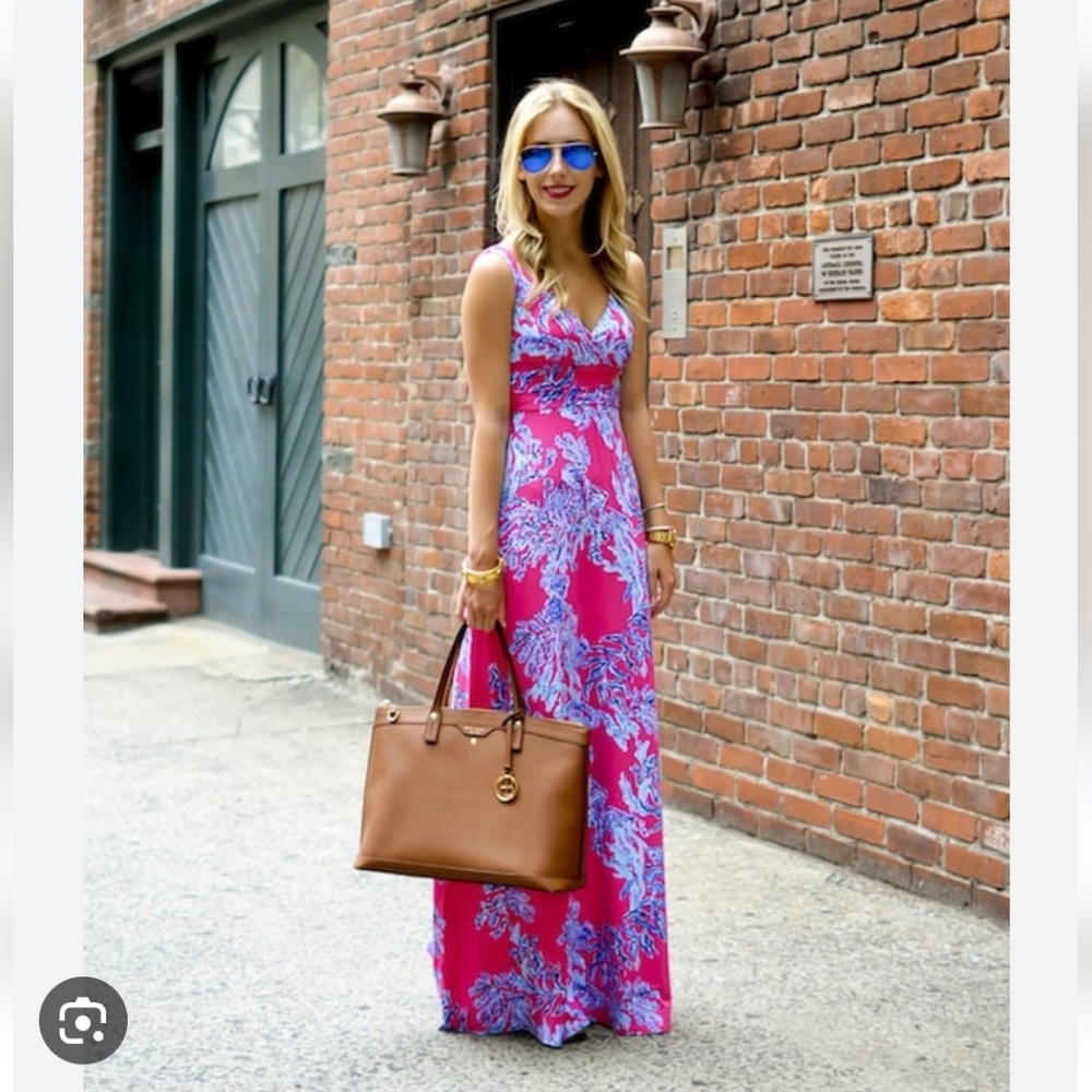 Lilly Pulitzer Pink And Blue Coral Print V Neck Maxi Dress Sz XS